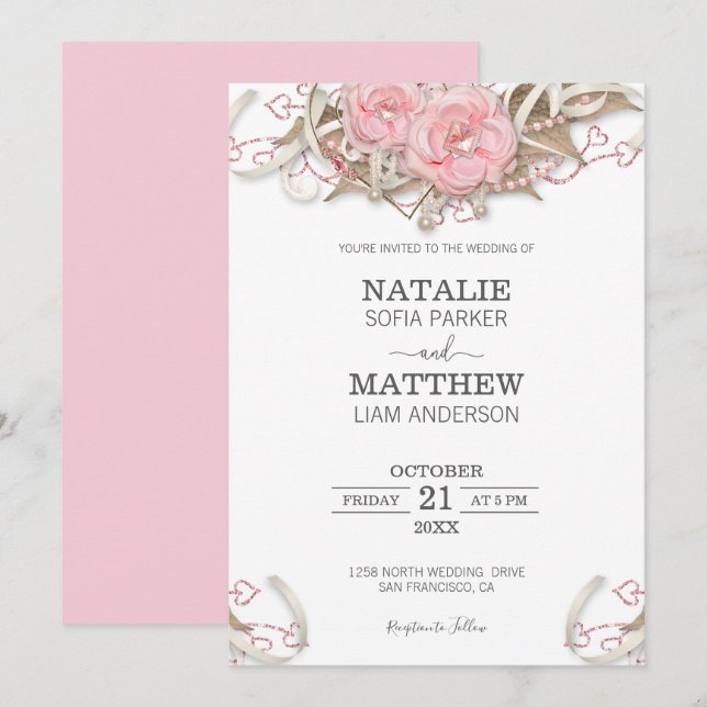 Invitación Boda de rosas rosadas (Anverso / Reverso)