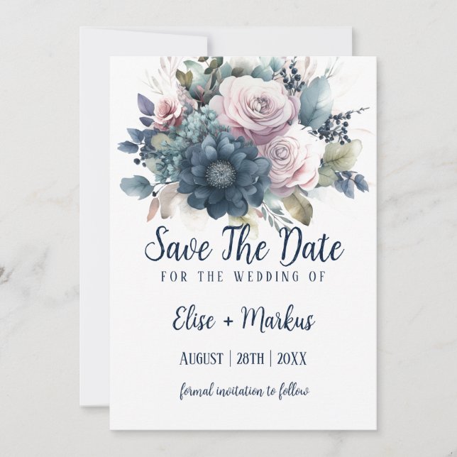 Invitación Boda De Rosas Rosadas Azules De Rubor De Marina Sa (Anverso)