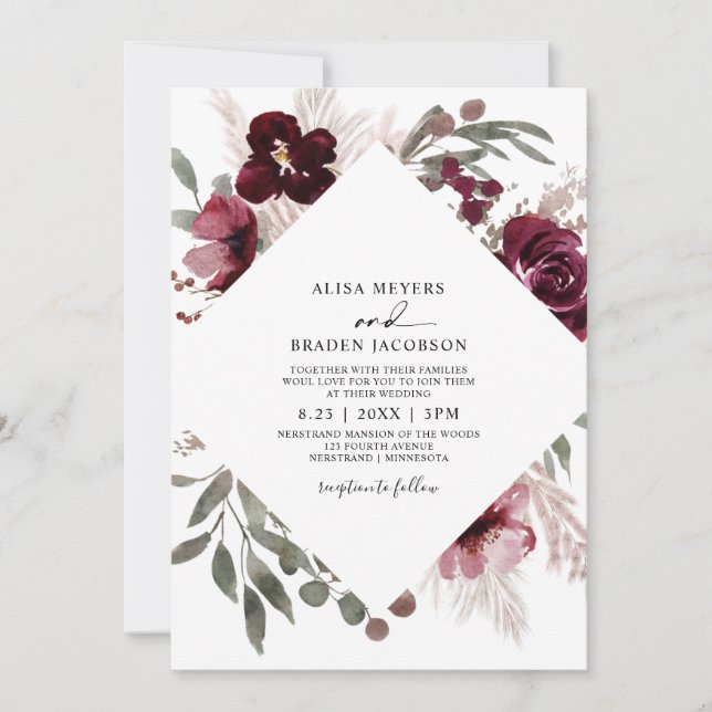Invitación Boda de rosas rosadas de borgoña de pampas de époc (Anverso)