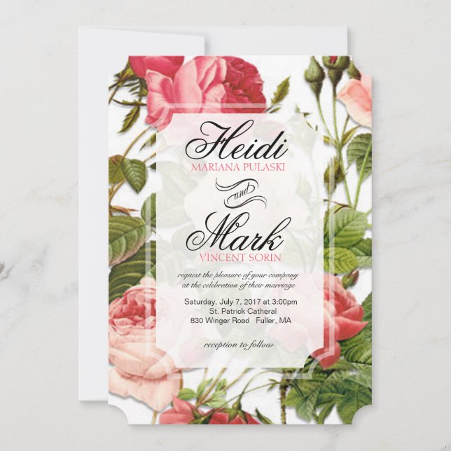 Invitación Boda de rosas rosadas de color floral vintage (Anverso)