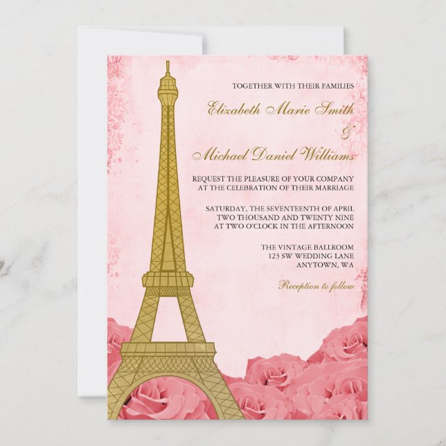 Invitación Boda de rosas rosadas de la Torre Eiffel de Oro Vi (Anverso)