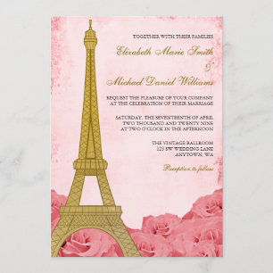 Invitación Boda de rosas rosadas de la Torre Eiffel de Oro Vi