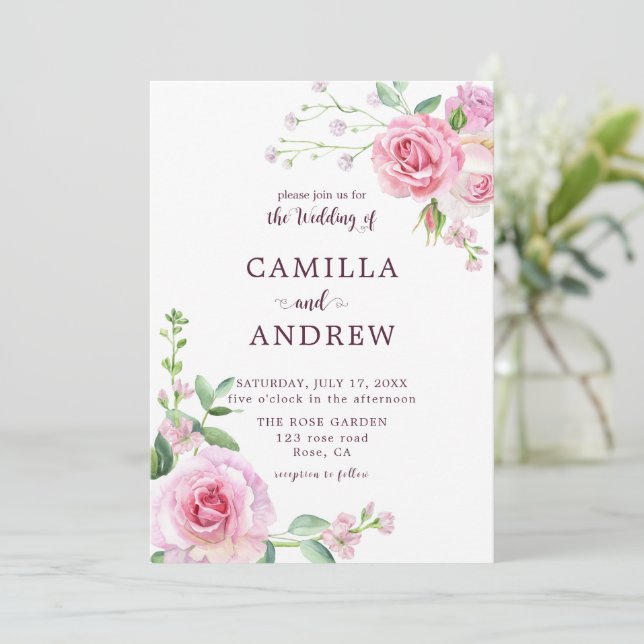 Invitación Boda de rosas rosadas de Rubor (Anverso de pie)