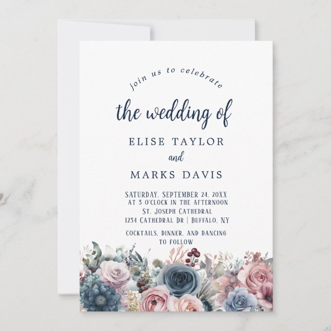 Invitación Boda de rosas rosadas de Rubor azul de la marina (Anverso)