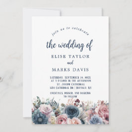 Invitación Boda de rosas rosadas de Rubor azul de la marina