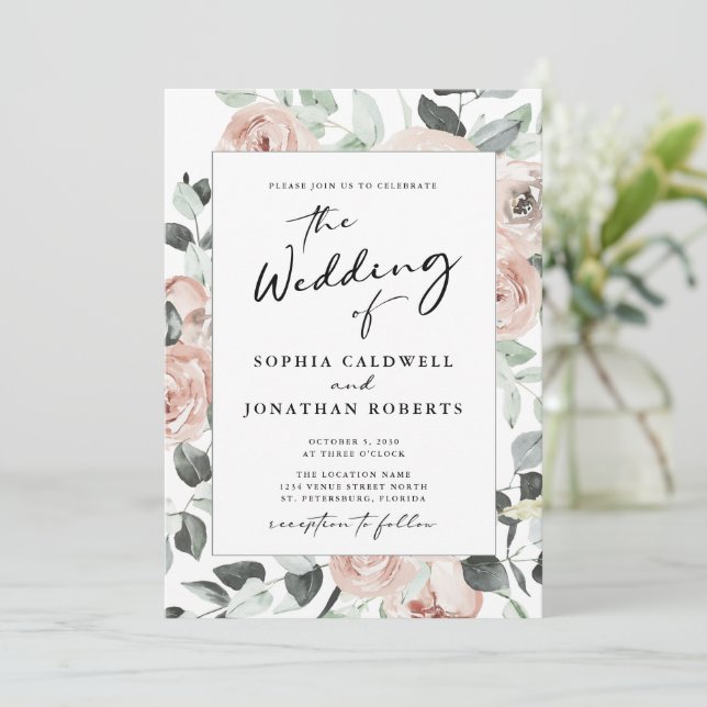 Invitación Boda de rosas rosadas en caligrafía moderna (Anverso de pie)