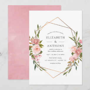 Invitación Boda de rosas rosadas geométricas doradas acuarela