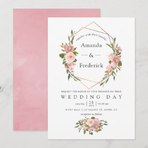 Invitación Boda de rosas rosadas geométricas doradas en acuar
