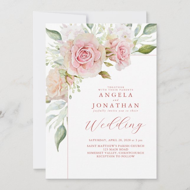 Invitación Boda de rosas rosadas Pastel (Anverso)