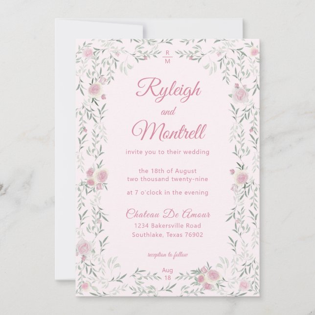 Invitación Boda de Rosas Rosadas Románticas y Verdor (Anverso)