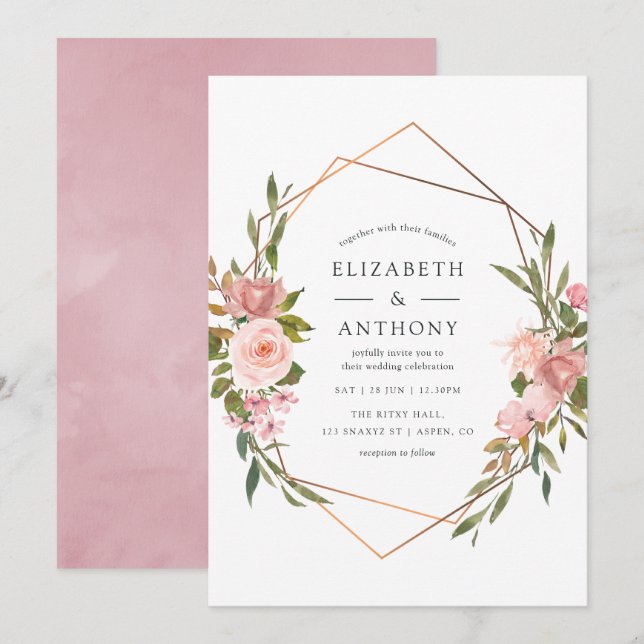 Invitación Boda de rosas rosadas Rubor Geométricas Gold de co (Anverso / Reverso)