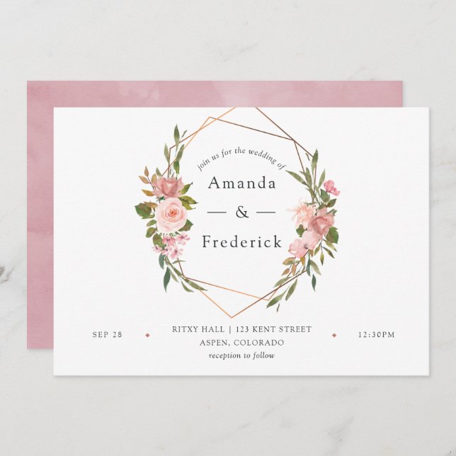 Invitación Boda de rosas rosadas Rubor Geométricas Gold de co (Anverso / Reverso)