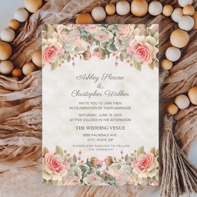 Invitación Boda de rosas rosadas vintage elegantes (Subido por el creador)