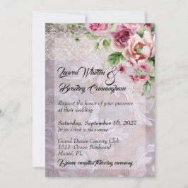Invitación Boda de rosas rosadas y encajes de época