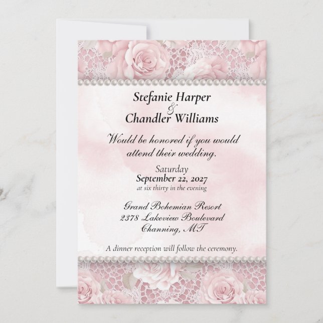 Invitación Boda de rosas rosas, encajes y perlas (Anverso)