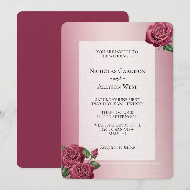 Invitación Boda de Rosas Rubor Pink Burgundy Gold (Anverso / Reverso)