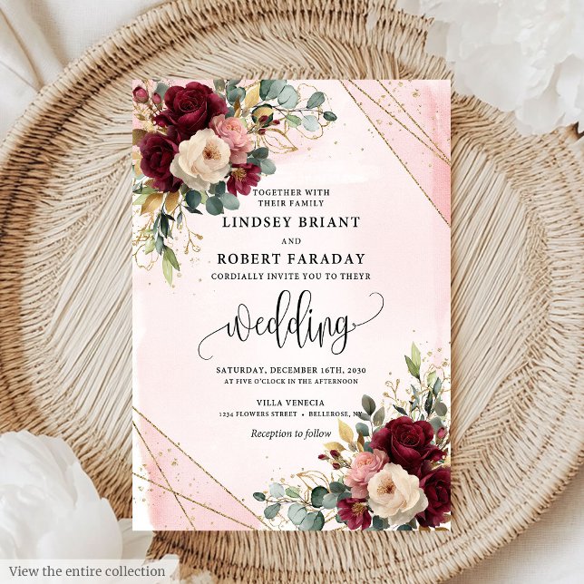Invitación Boda de Rosas rusos de Rubor Boho Dark Red Gold (Rustic Boho Dark Red Gold Blush Roses Wedding Invitation)