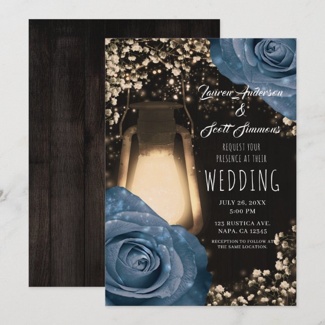 Invitación Boda de Rosas Rústicos de Linterna brillante y azu (Anverso / Reverso)