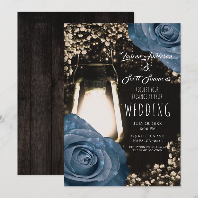 Invitación Boda de Rosas Rústicos de Linterna brillante y azu (Anverso / Reverso)