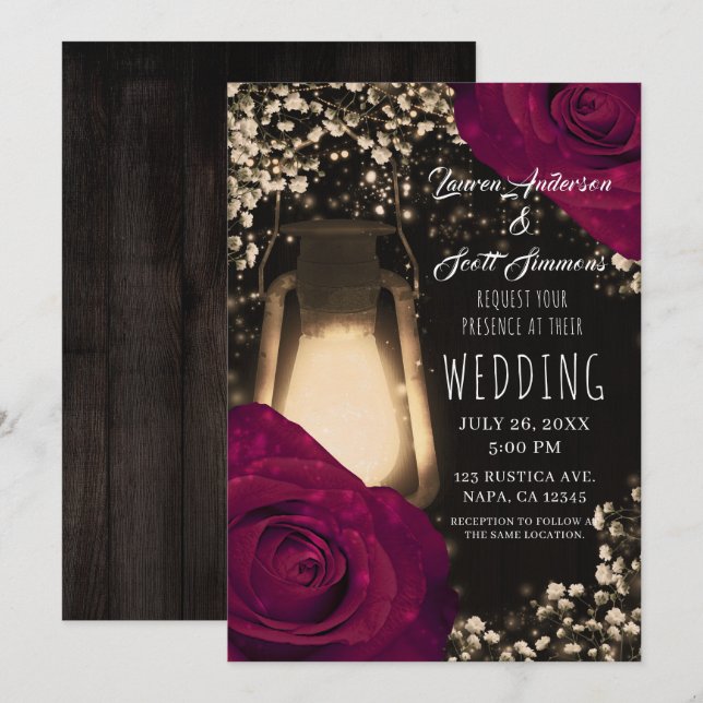 Invitación Boda de Rosas Rústicos de Linterna brillante y mag (Anverso / Reverso)