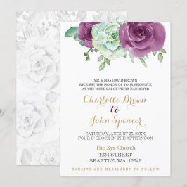 Invitación boda de rosas suculentos de ciruela de color agua