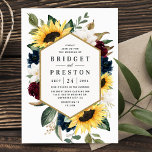 Invitación Boda de Rosas Sunflower Burgundy Red y Navy Blue<br><div class="desc">El diseño presenta elegantes girasoles acuáticos,  rosas rojo y azul marino burdeos,  magnolia blanca y diversos tipos de vegetación con un marco dorado impreso. El diseño también cuenta con un diseño moderno de tipografía. La parte posterior del diseño presenta elementos coincidentes para coincidir con la parte delantera.</div>