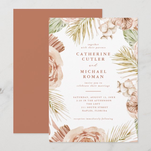 Invitación Boda de Rosas tropicales de Boho (Anverso / Reverso)