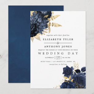 Invitación Boda de Rosas Vintage Azules y Doradas