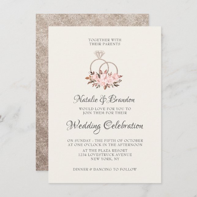 Invitación Boda de Rosas y anillos florales rosados (Anverso / Reverso)