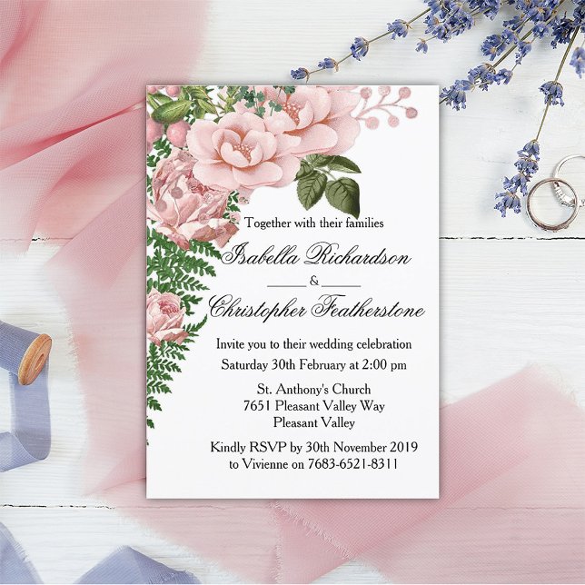 Invitación Boda de rosas y helechos rosas (Subido por el creador)