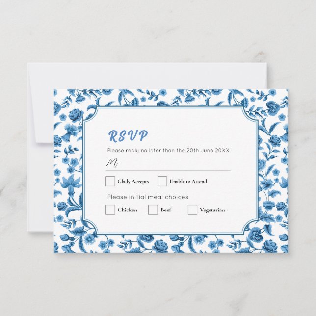Invitación Boda de RSVP Chintz Ditsy Floral Azul y Blanca (Anverso)