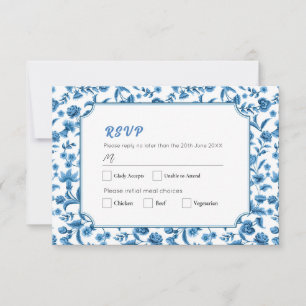 Invitación Boda de RSVP Chintz Ditsy Floral Azul y Blanca