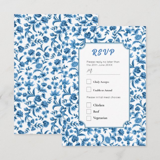 Invitación Boda de RSVP Chintz Ditsy Floral Azul y Blanca (Anverso / Reverso)