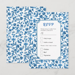 Invitación Boda de RSVP Chintz Ditsy Floral Azul y Blanca