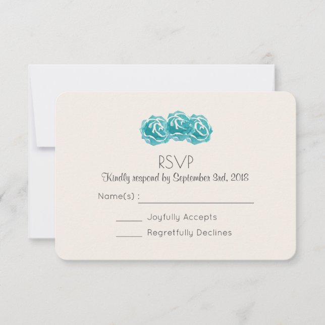 Invitación Boda de RSVP con Rosas de Acuarela Azul Turquesa (Anverso)