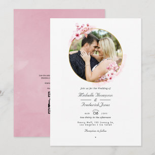 Invitación Boda de RSVP de código QR de flor de cerezo rosa g