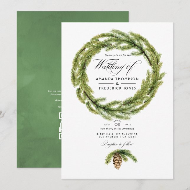 Invitación Boda de RSVP de código QR de pinos acuarela de inv (Anverso / Reverso)