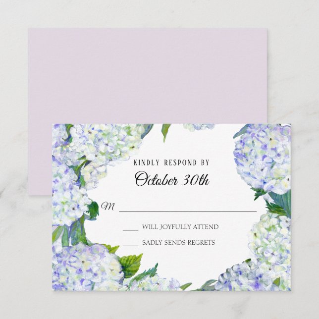 Invitación Boda de RSVP Lilac Floral en Hydrangeas Blancas (Anverso / Reverso)