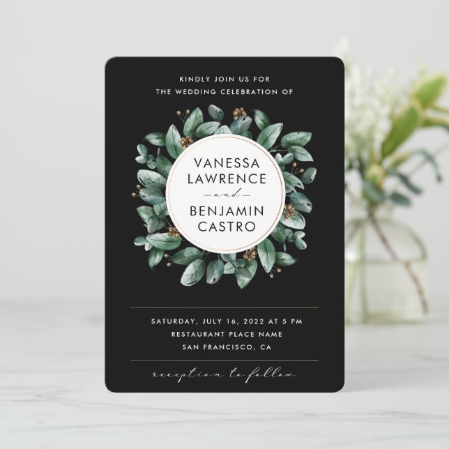 Invitación Boda de Rsvp por la vegetación de Eucalyptus Negro (Anverso de pie)