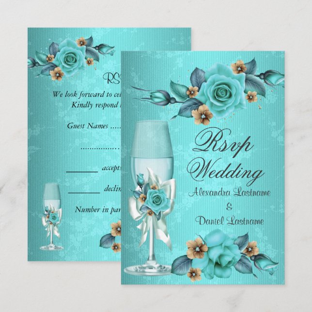 Invitación Boda de RSVP Rosas de Champagne azul Verde azulado (Anverso / Reverso)