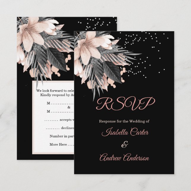 Invitación Boda de RSVP Rubor Floral de carbón rosa (Anverso / Reverso)