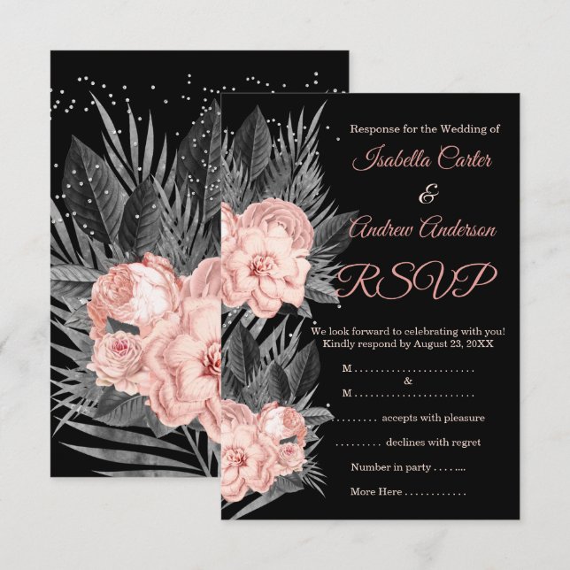 Invitación Boda de RSVP Rubor Peach Carbón Floral Negro (Anverso / Reverso)