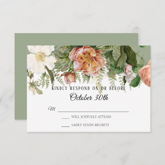 Invitación Boda de RSVP Sage Rubor Ivory Rosa Peony Ferns (Anverso / Reverso)