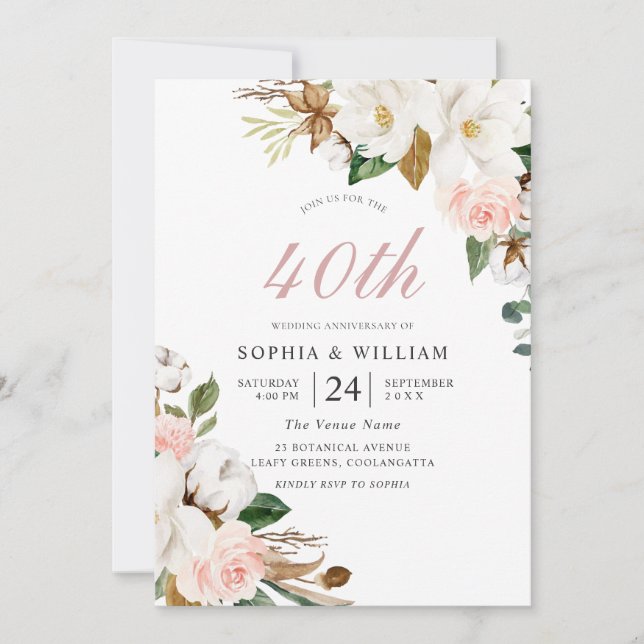 Invitación Boda de Rubí 40 Aniversario de Boda Flores Rosadas (Anverso)