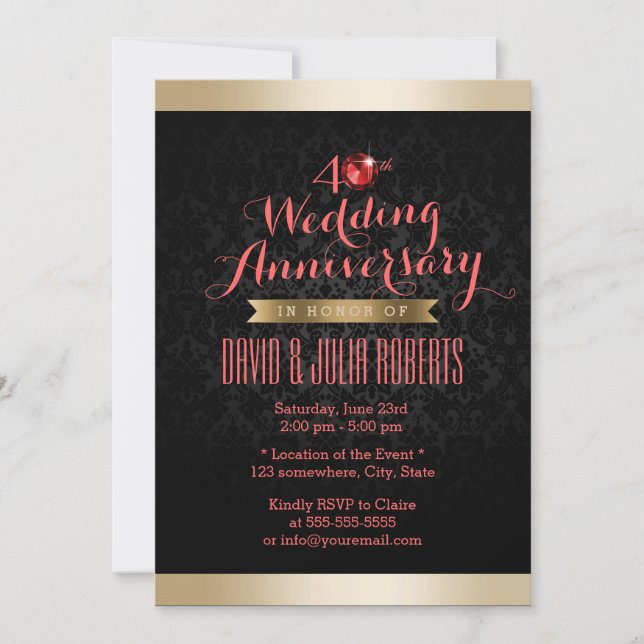 Invitación Boda de Rubí Aniversario de Bodas con Borde Dorado (Anverso)