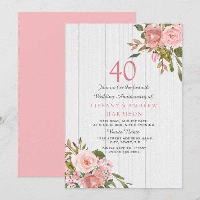 Invitación Boda de rubí Rosa Dorado Blanco 40 Aniversario de  (Anverso / Reverso)