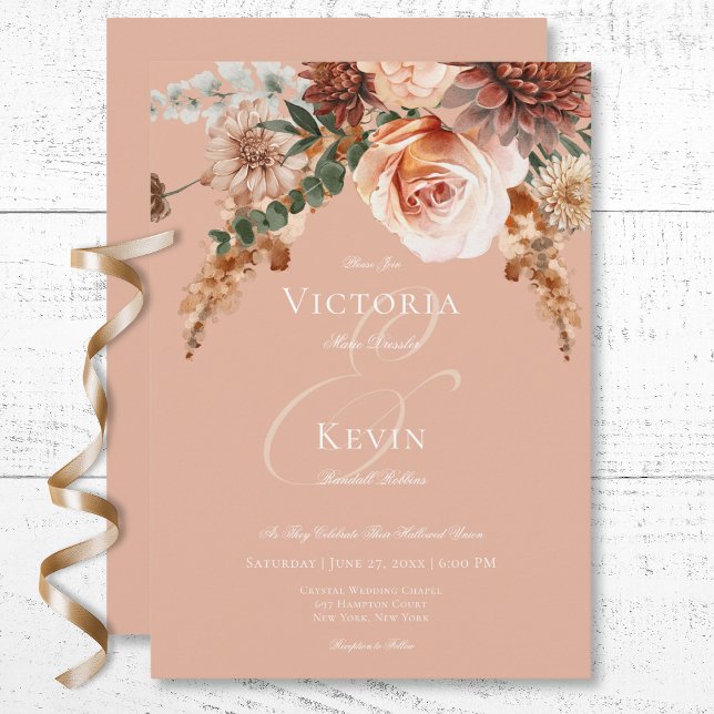 Invitación Boda de Rubor Boho Peach & Rust Floral Peach (Boho Peach & Rust Floral Peach Blush Wedding Invitation)