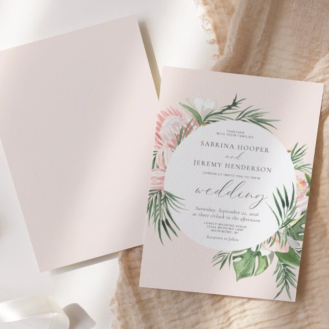 Invitación Boda de Rubor de acuarela de círculo floral tropic (Subido por el creador)