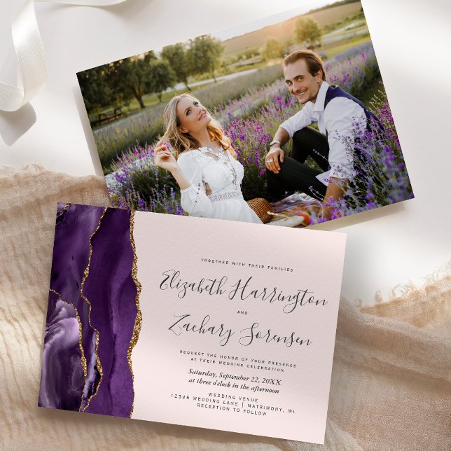Invitación Boda de Rubor de Modern Photo Purple Gold Agate (Subido por el creador)