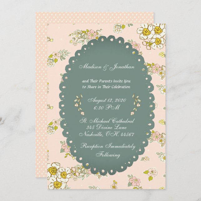 Invitación Boda de Rubor Floral con guión antiguo (Anverso / Reverso)